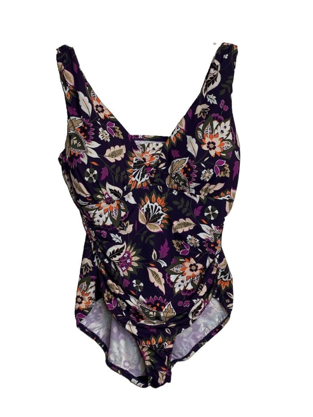 Lands End 14P One Piece Swimsuit Bathing Suit Purple Floral Slimming 14 Petite